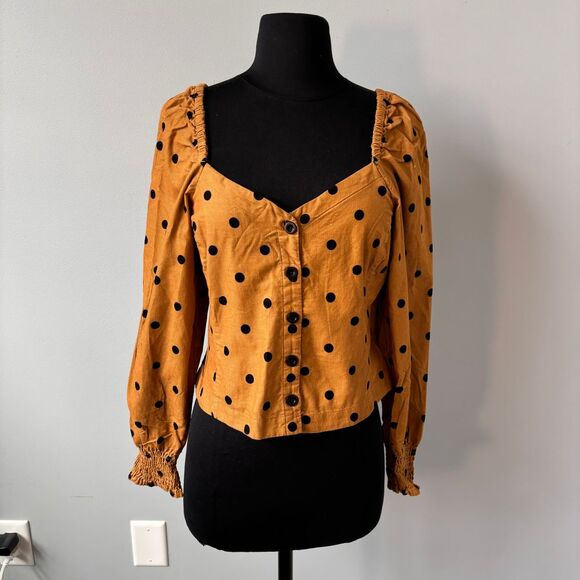 Madewell Corduroy Polka Dot Puff Sleeve Button-Up Top in Caramel Size 6 - Picture 1 of 9